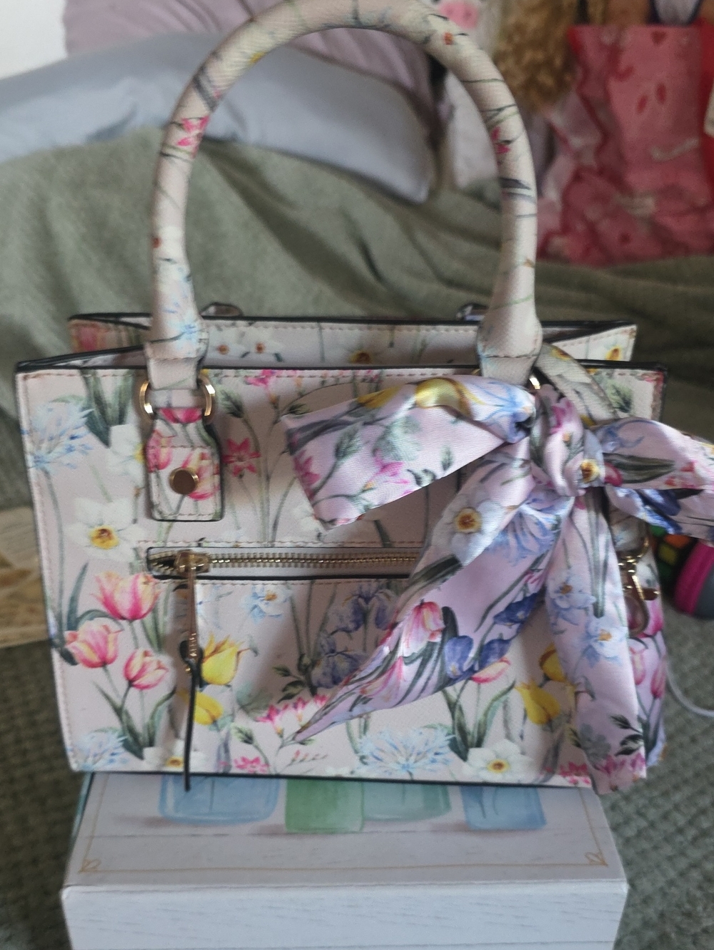 Aldo Floral-Print Satchel Handbag in Pastel Pink and Cream